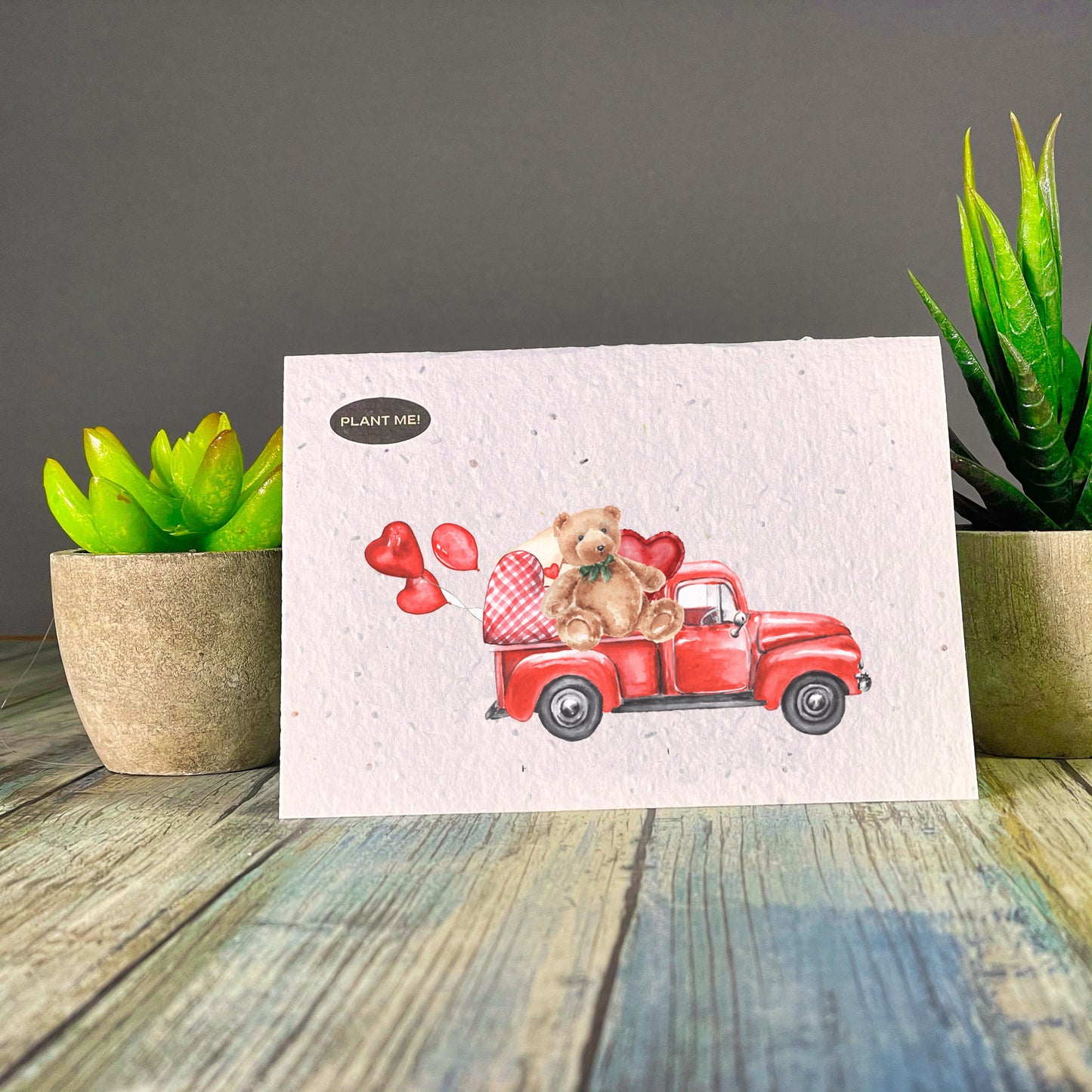 Teddy, Heart Balloons & Truck Plantable Greeting Card